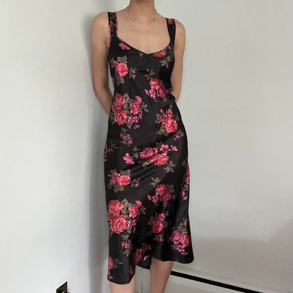 Floral black maxi slip silk dress